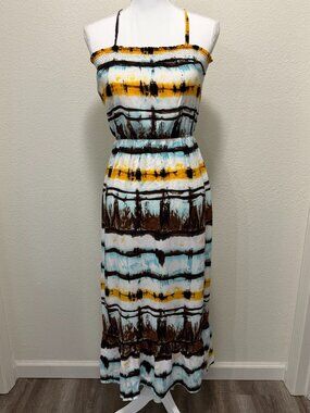 Lots of Love tie dye maxi dress with spaghetti straps and ruffle hem, small